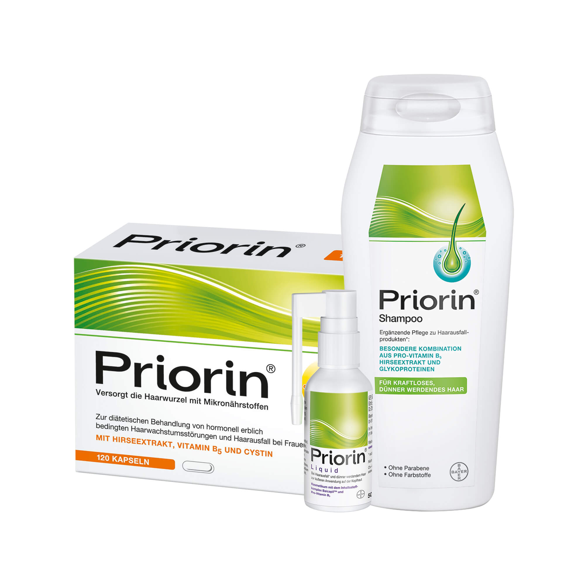 Dieses Set besteht aus Priorin Kapseln, Priorin Shampoo und Priorin Liquid.