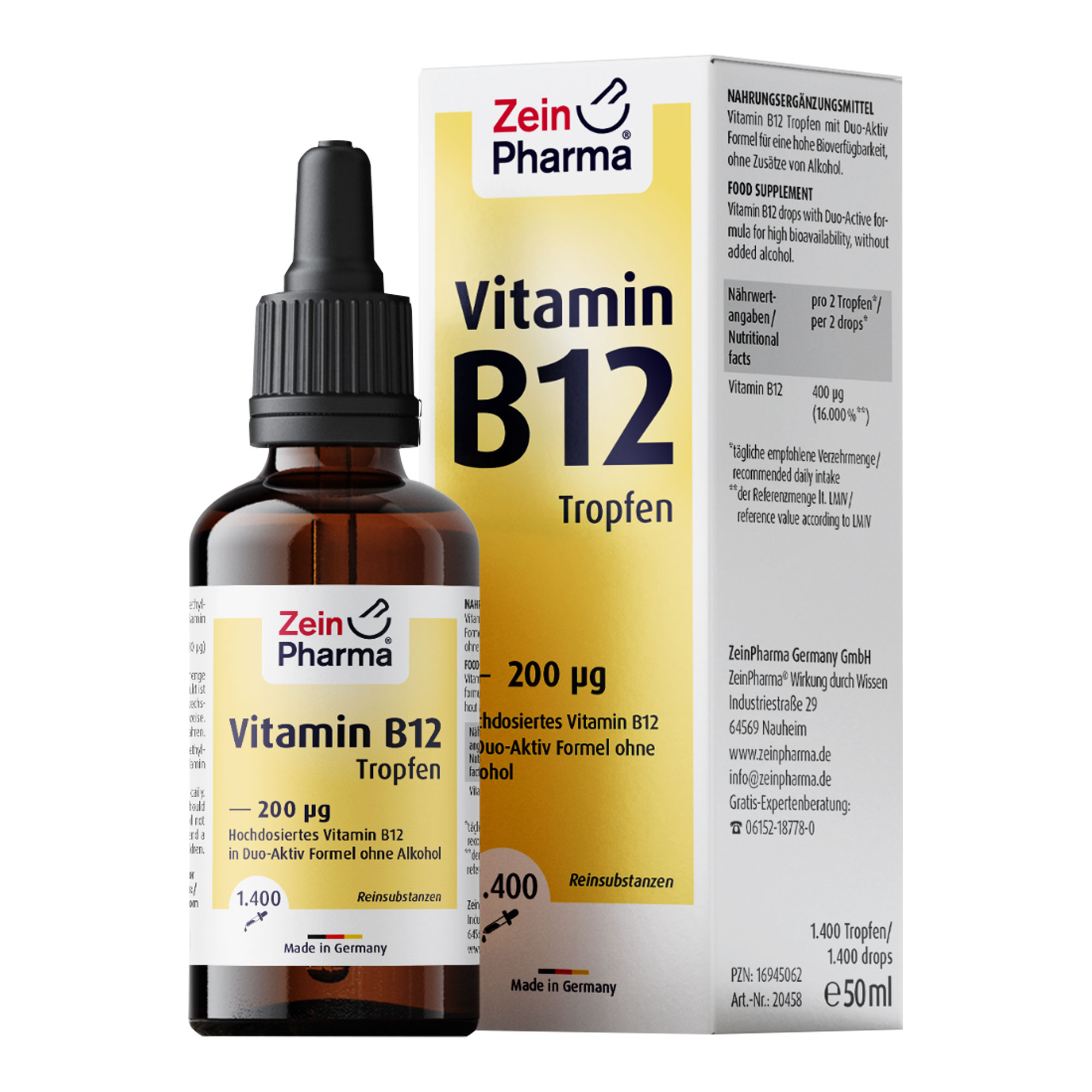 Nahrungsergänzungsmittel mit hochdosiertem Vitamin B12. Ohne Zusätze von Alkohol.