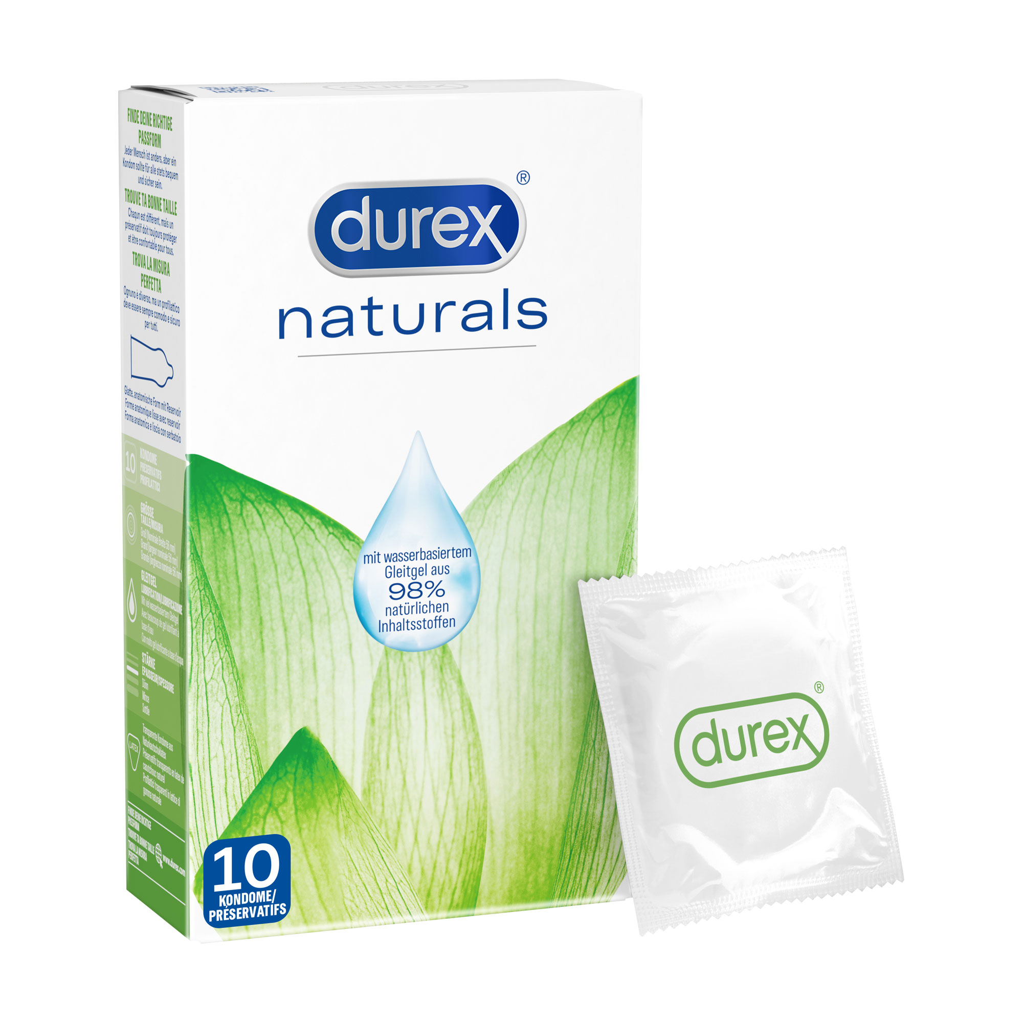 Kondome mit wasserbasierter Gleitgelbeschichtung aus 98% natürlichen Inhaltsstoffen.