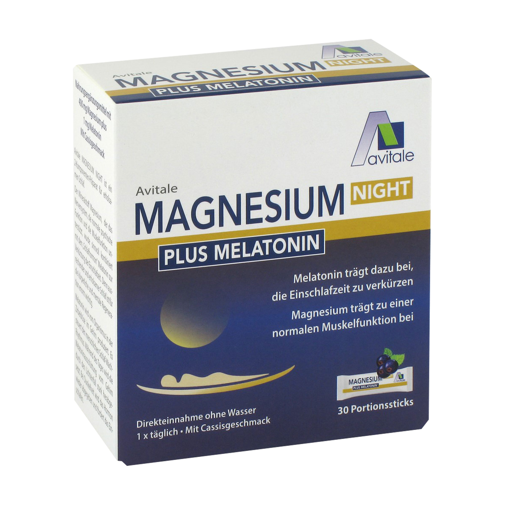 Nahrungsergänzungsmittel mit 400 mg Magnesium und Melatonin. Mit Cassis-Geschmack.