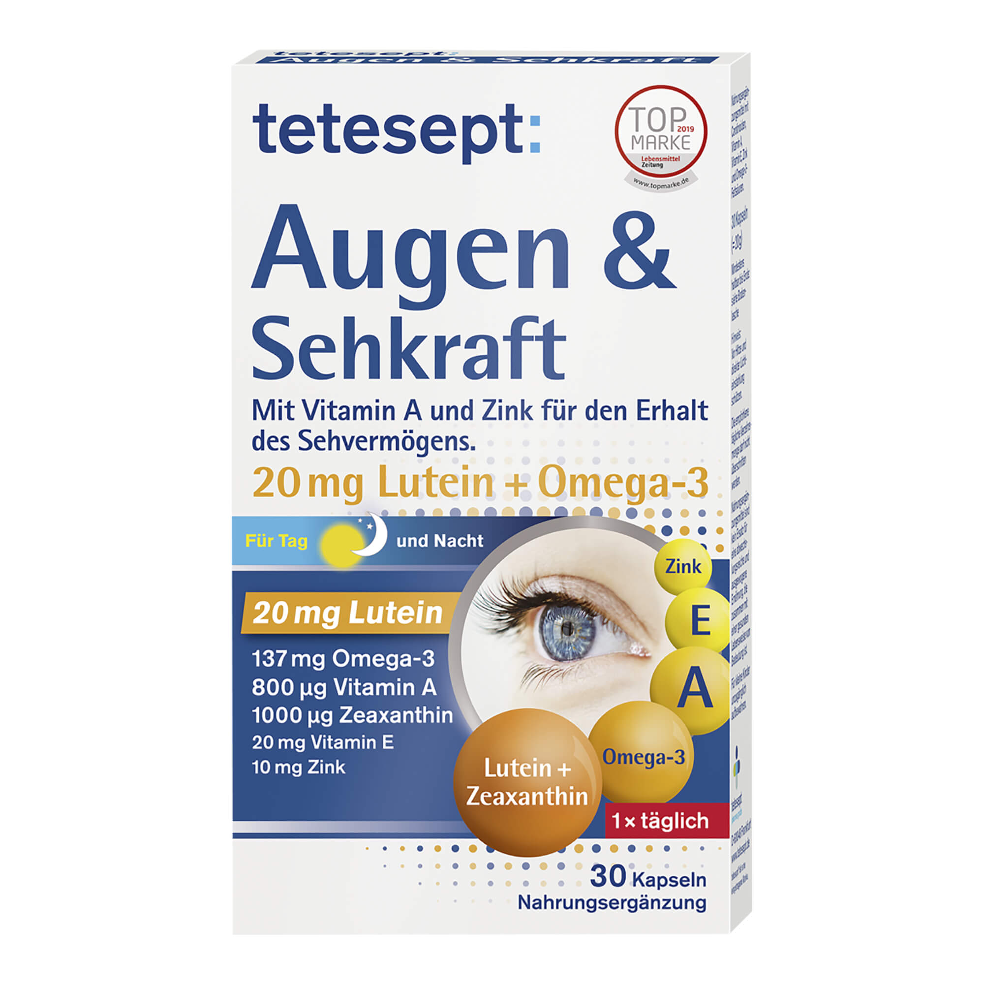 Nahrungsergänzungsmittel mit Lutein und Omega-3. Für den Erhalt des Sehvermögens und den Zellschutz.