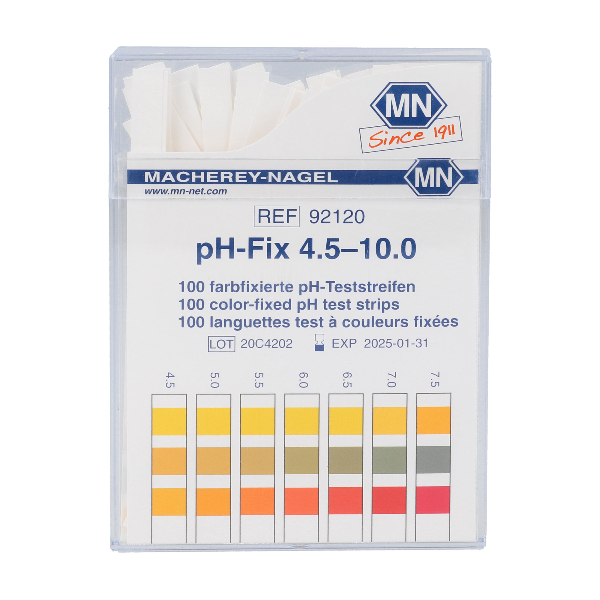 100 Farbfixierte pH-Teststreifen.