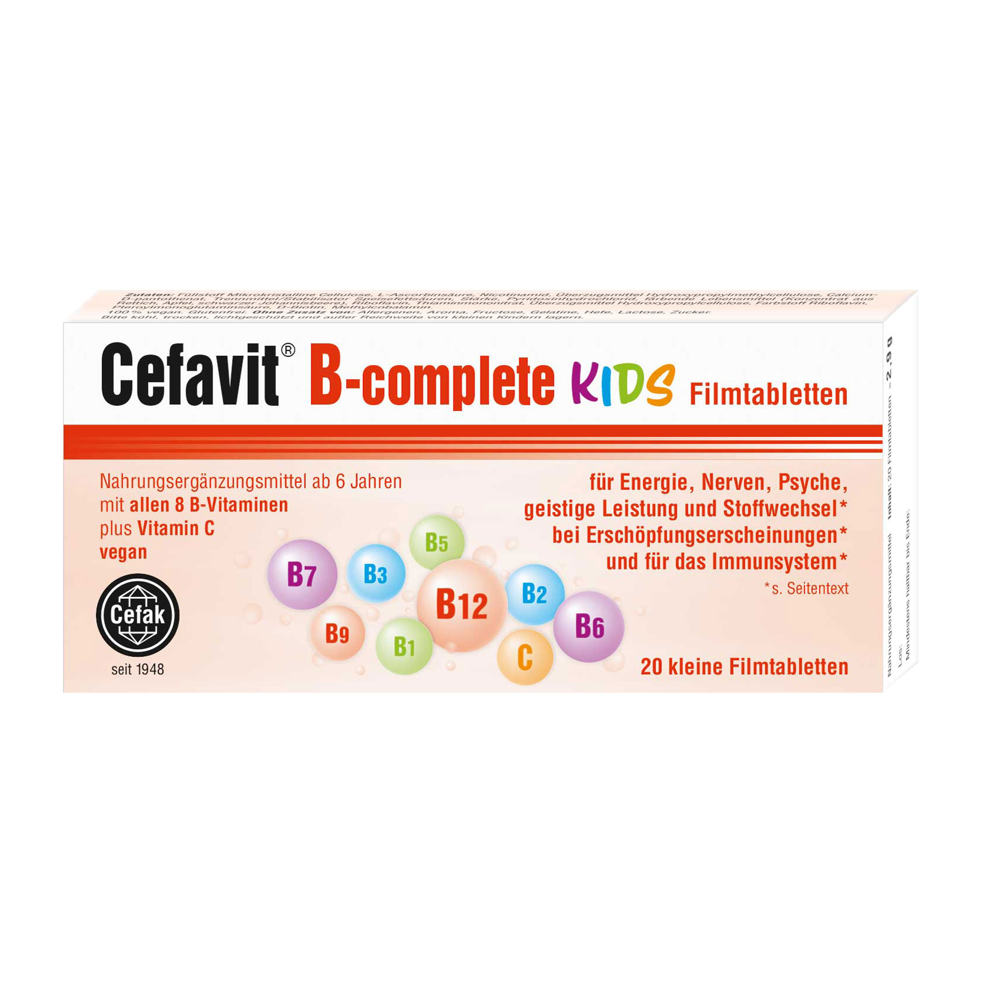 Nahrungsergänzungsmittel mit allen 8 B-Vitaminen plus Vitamin C. Für Kinder ab 6 Jahren geeignet.