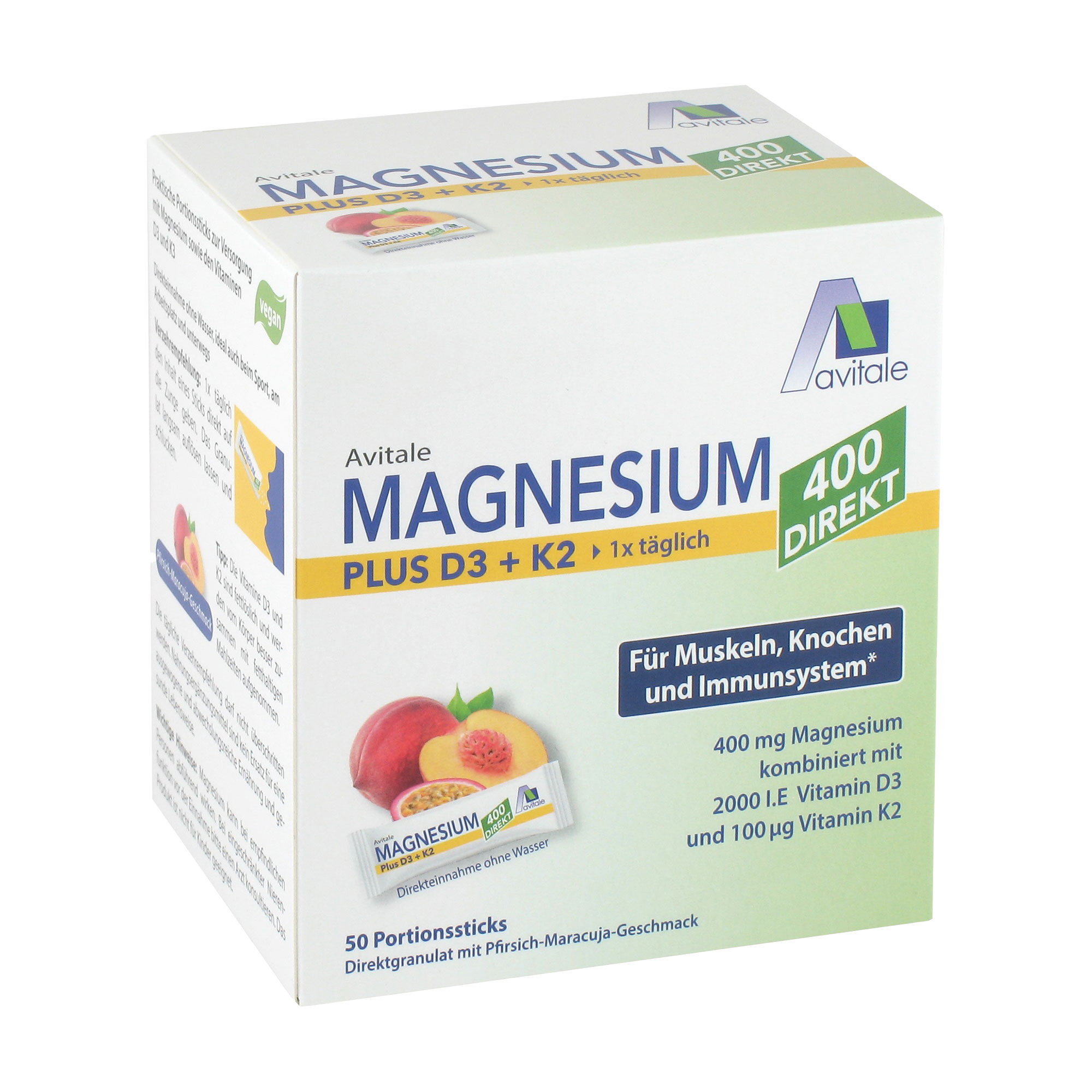 Nahrungsergänzungsmittel mit 400 mg Magnesium plus Vitamin D3 und Vitamin K2. Praktische Portionssticks mit angenehmem Pfirsich-Maracuja-Geschmack zur Direkteinnahme ohne Wasser.
