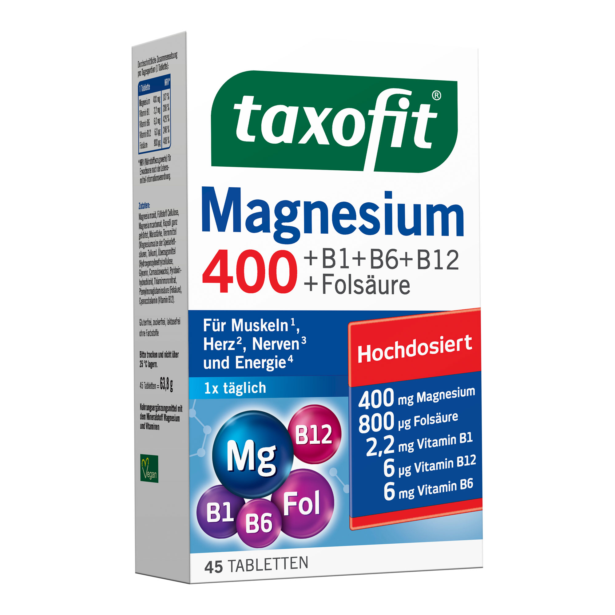 Nahrungsergänzungsmittel mit hochdosiertem Magnesium und Vitaminen.