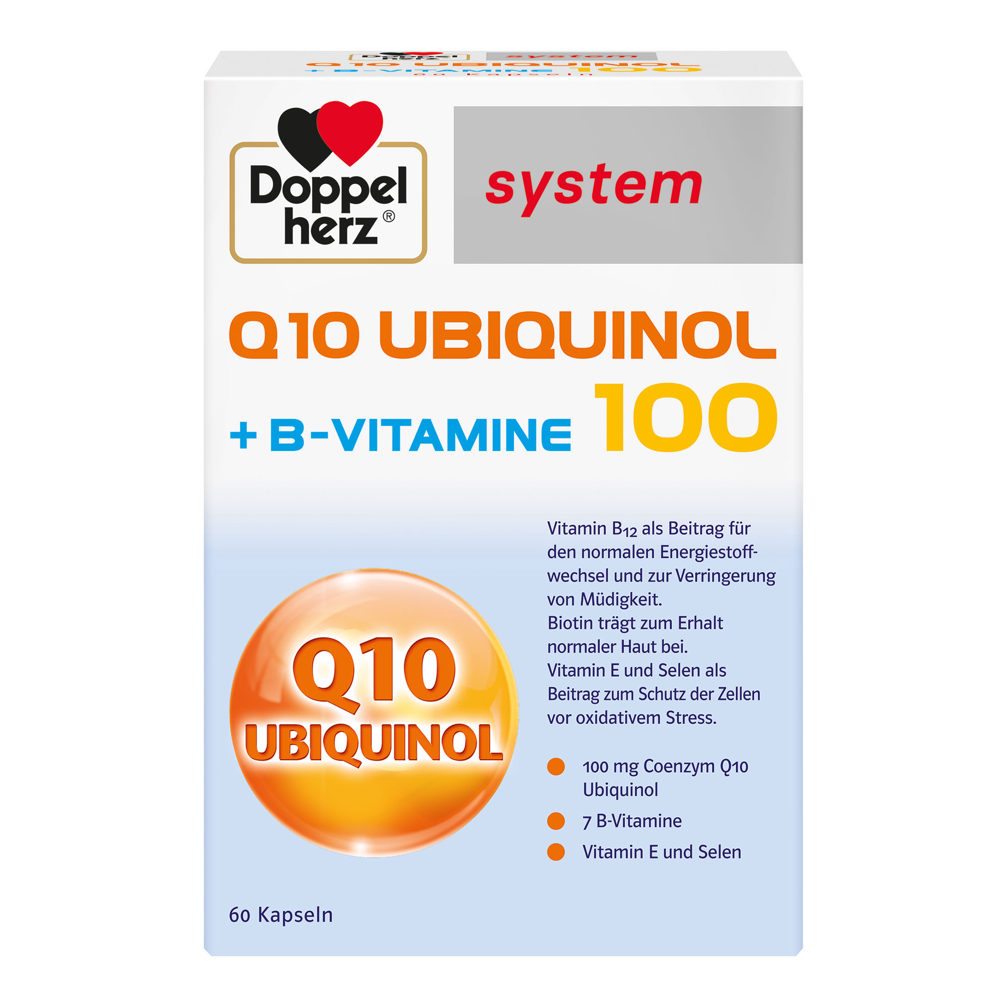 Nahrungsergänzungsmittel mit Coenzym Q10, B-Vitaminen und Vitamin E, Selen.