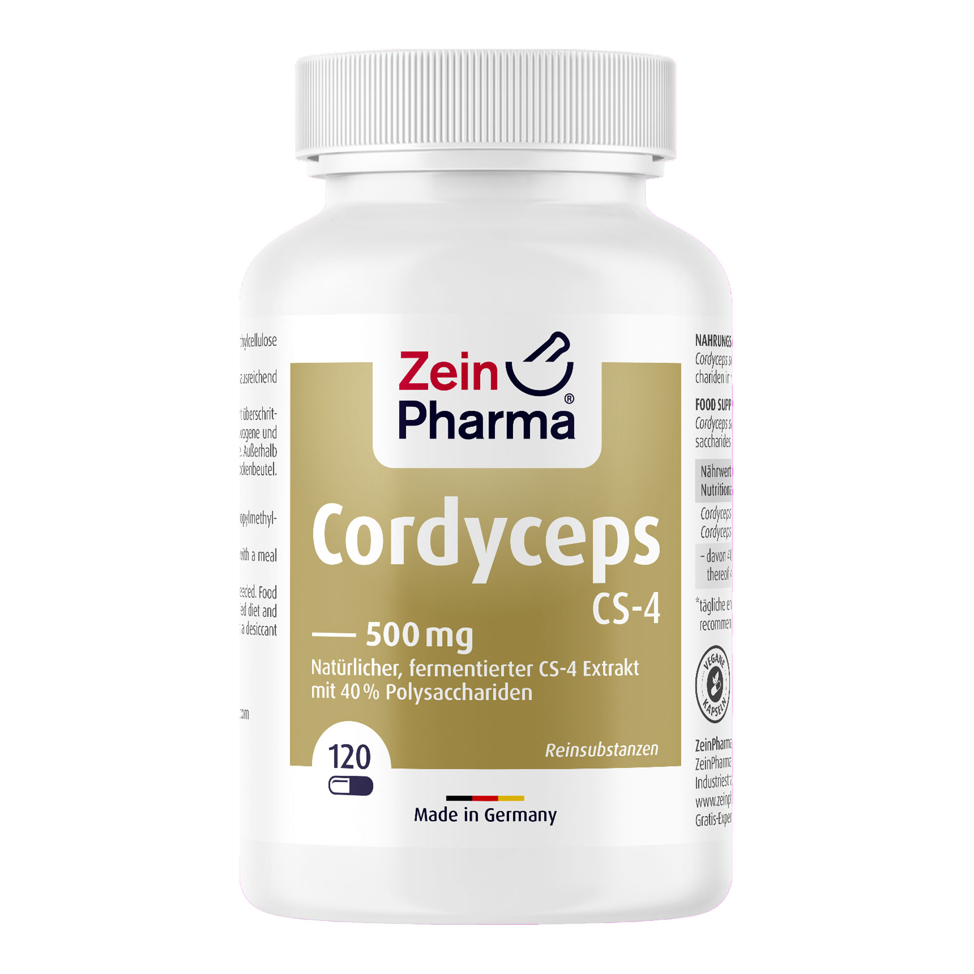 Nahrungsergänzungsmittel mit Cordyceps sinensis CS-4-Extrakt (enthält mindestens 40 % Polysacchariden) in veganen Kapseln.