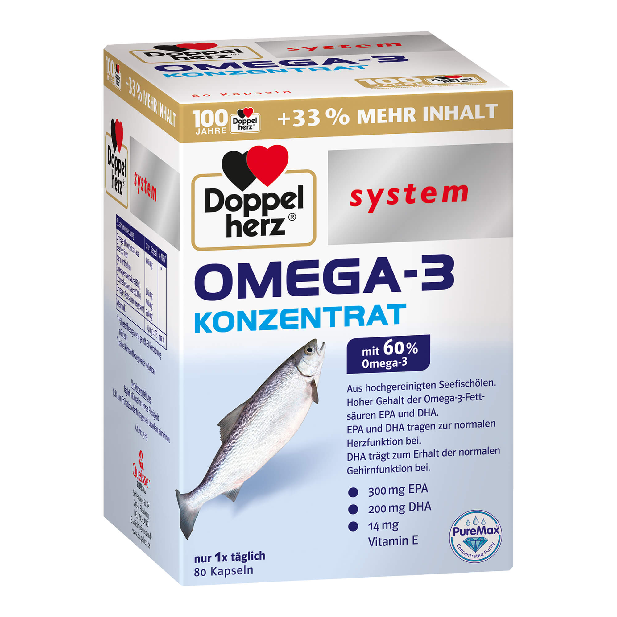 Kapseln mit Omega-3 Konzentrat aus Seefischölen und Vitamin E.