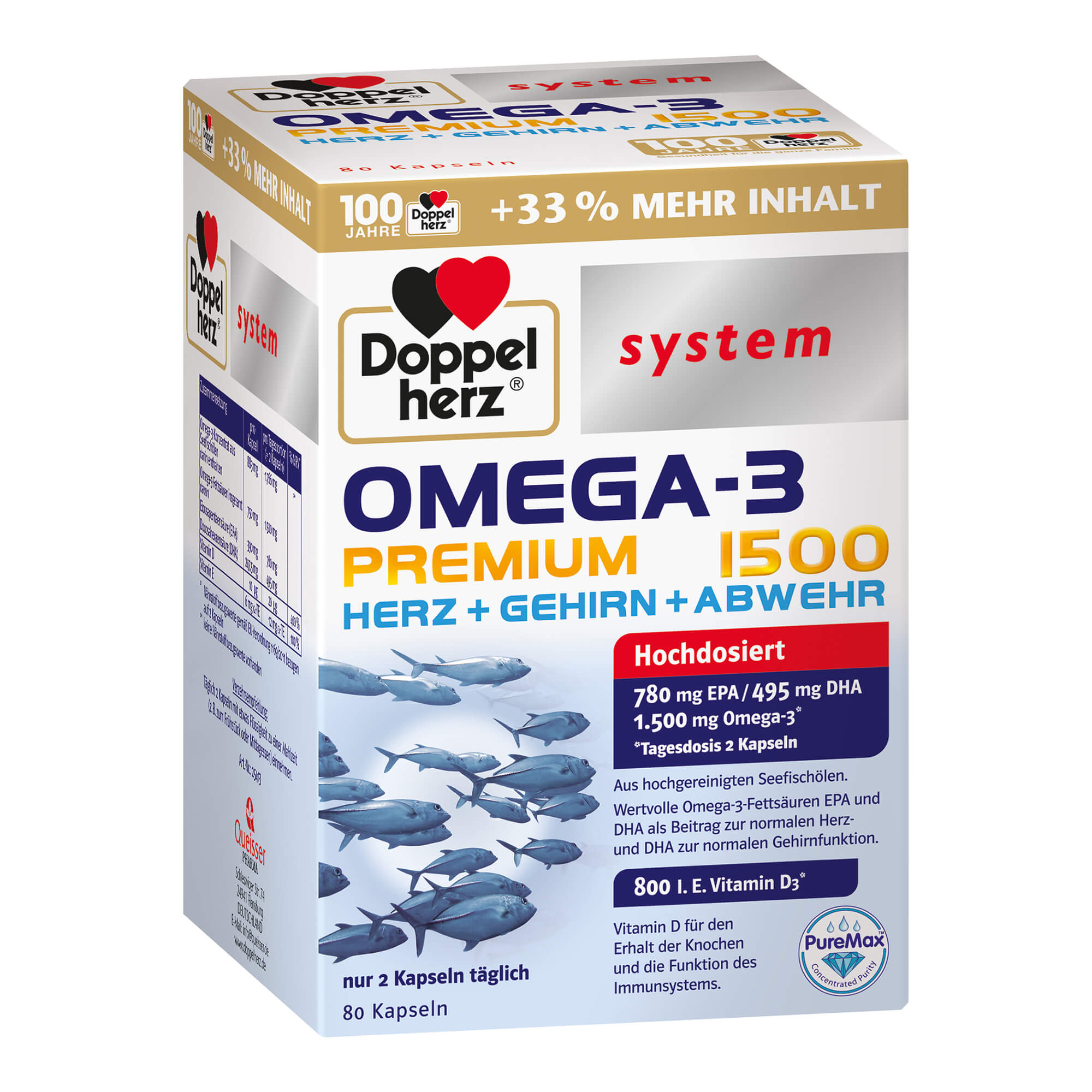 Nahrungsergänzungsmittel mit Omega-3 Konzentrat aus Seefischölen und Vitamin D und E.