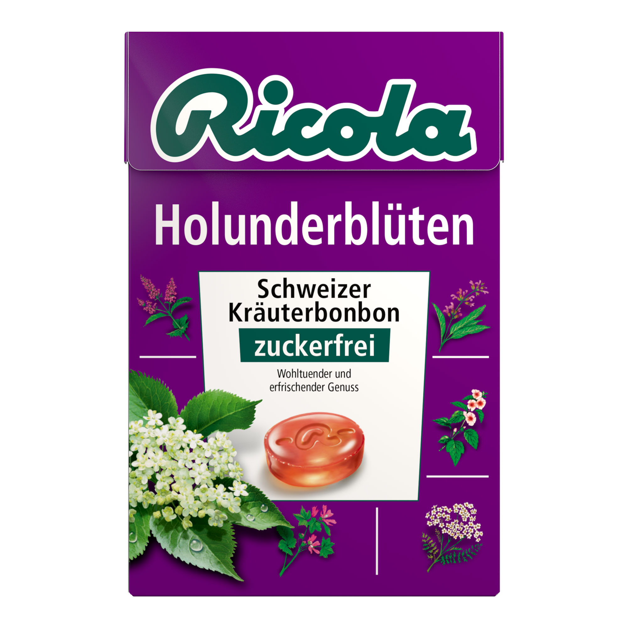Schweizer Kräuterbonbon mit süßem Geschmack nach Holunderblüten. Zuckerfrei.
