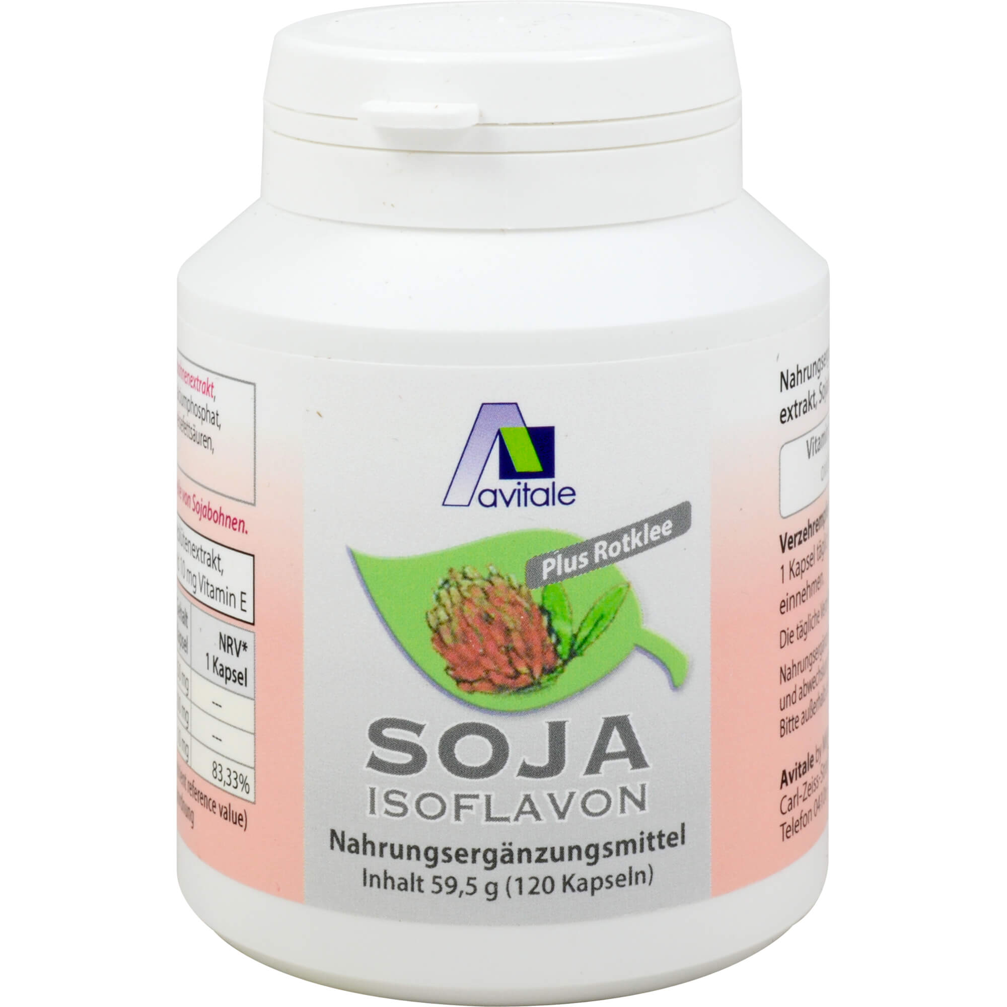 Nahrungsergänzungsmittel mit Soja-Isoflavon-Extrakt, Rotklee Extrakt und Vitamin E.