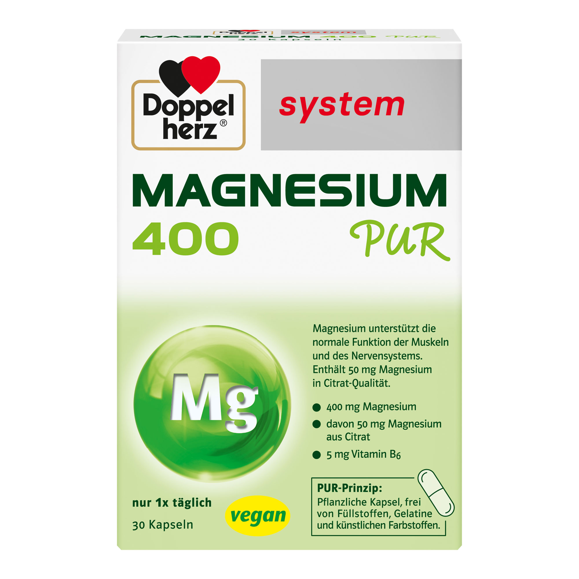 Nahrungsergänzungsmittel mit Magnesium und Vitamin B6 in Form einer pflanzlichen Kapsel.