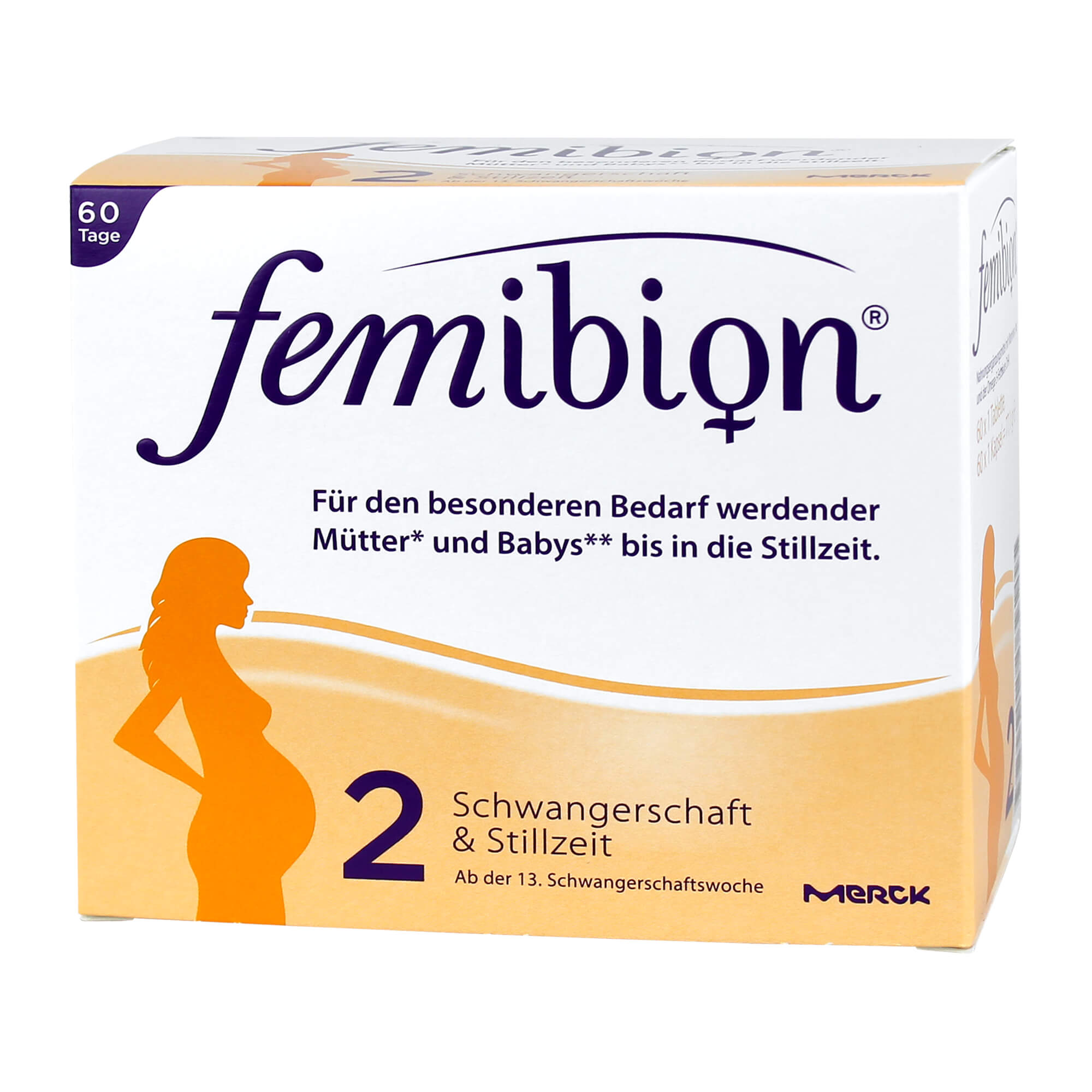 Nahrungsergänzungsmittel mit Vitaminen und Jod. Femibion Schwangerschaft 2 enthält 60 Tabletten + 60 Kapseln = 60 Tagesportionen.
