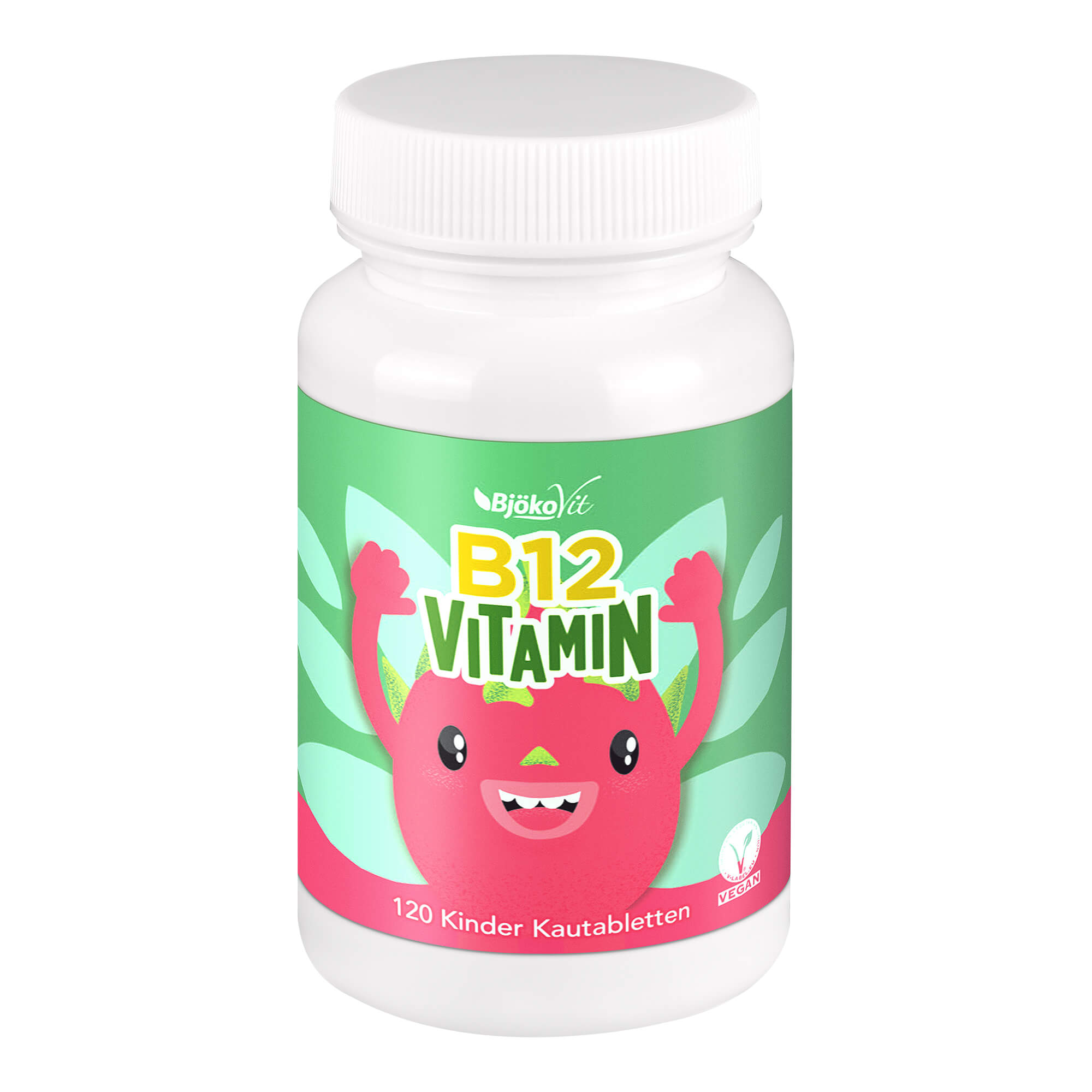 Nahrungsergänzungsmittel mit Vitamin B12. Vegane Kautabletten für Kinder mit Drachenfruchtgeschmack.