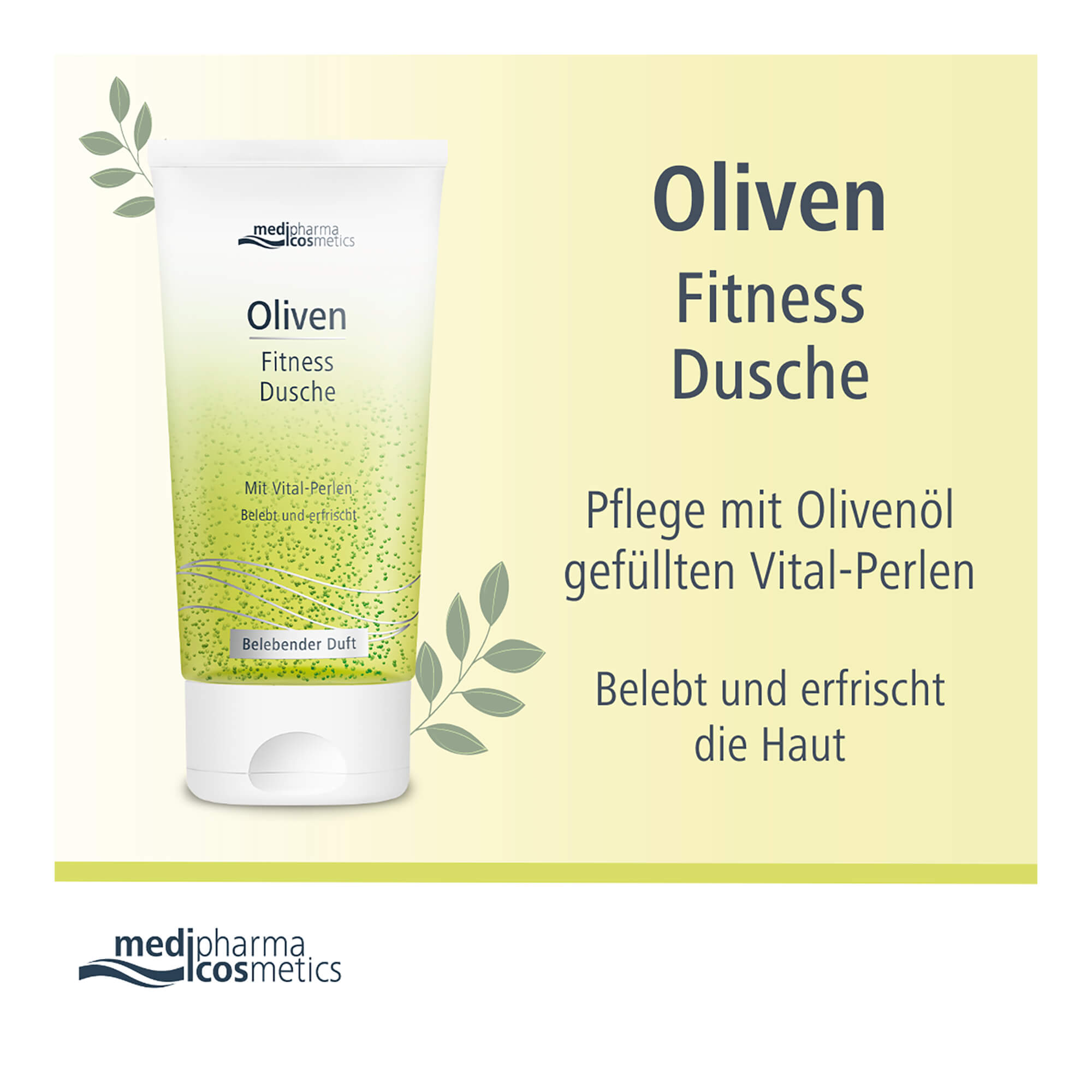 Grafik Oliven Fitness Dusche Pflege mit Olivenöl gefüllten Vital-Perlen. Belebt und erfrischt die Haut.