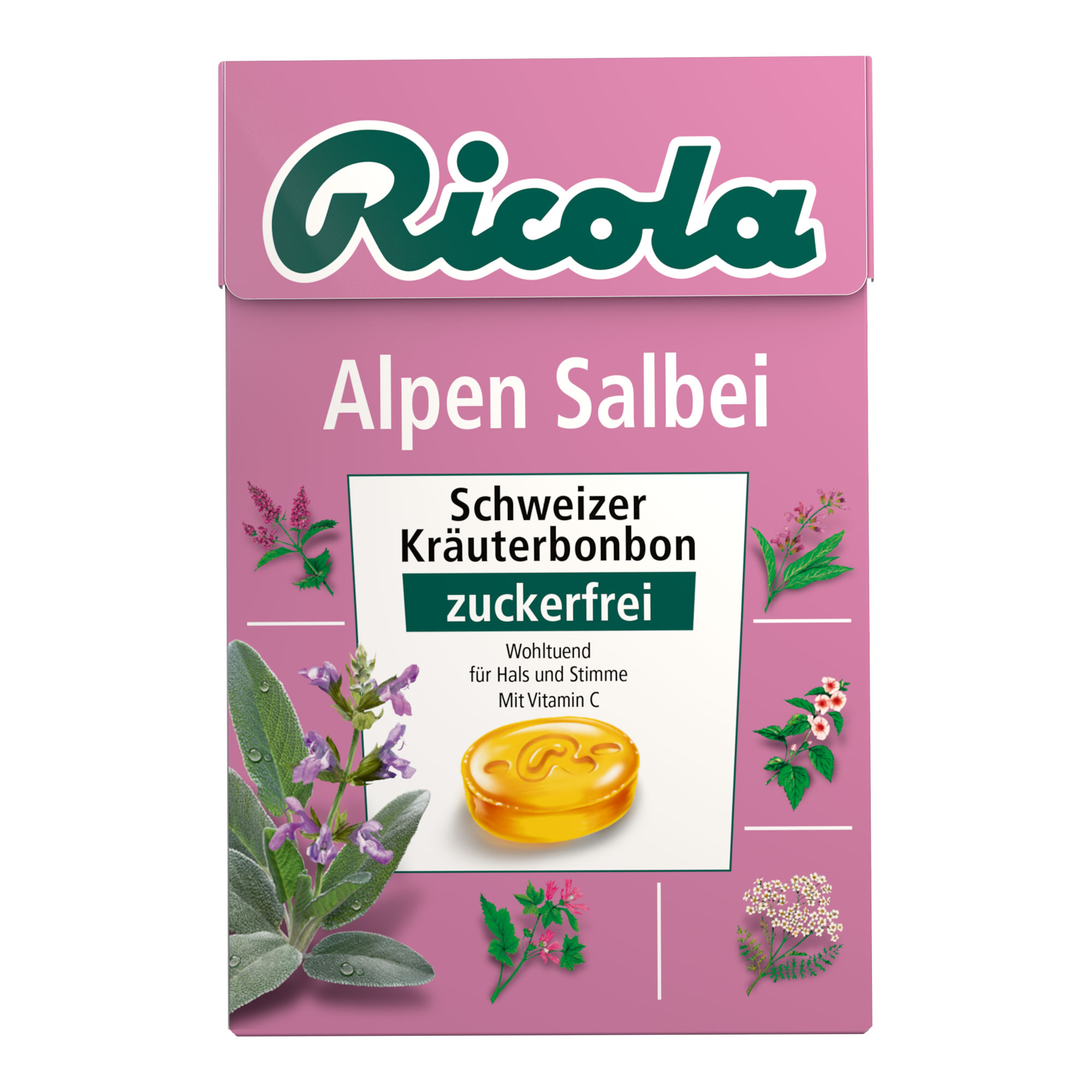 Schweizer Kräuterbonbons mit Vitamin C und Salbei. Zuckerfrei.