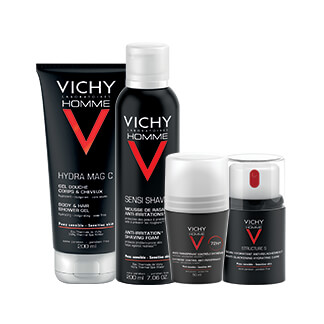 Dieses Vichy Homme-Set besteht aus  Hydra Mag C Duschgel, Deo Roll-on Anti-Transpirant 72 h, Structure S Creme und Rasierschaum Anti Hautirritationen.