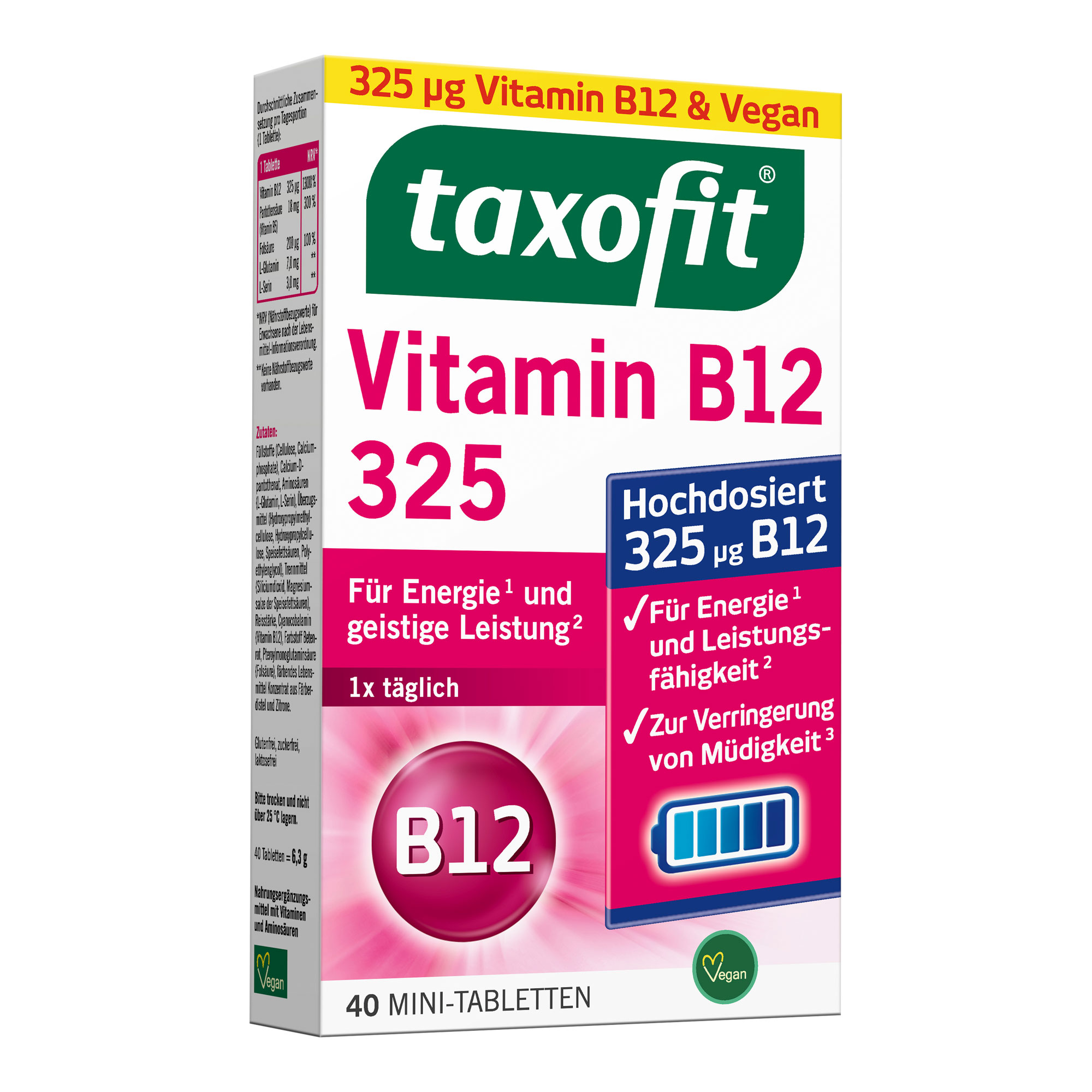 Nahrungsergänzungsmittel mit hochdosiertem Vitamin B12, Vitamin B5, Folsäure und Aminsäuren.