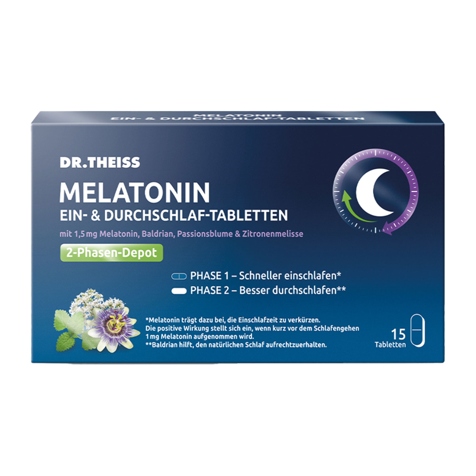 Nahrungsergänzungsmittel mit Melatonin, Baldrian, Passionsblume & Zitronenmelisse. Als 2-Phasen-Depot-Tabletten. Für Erwachsene.