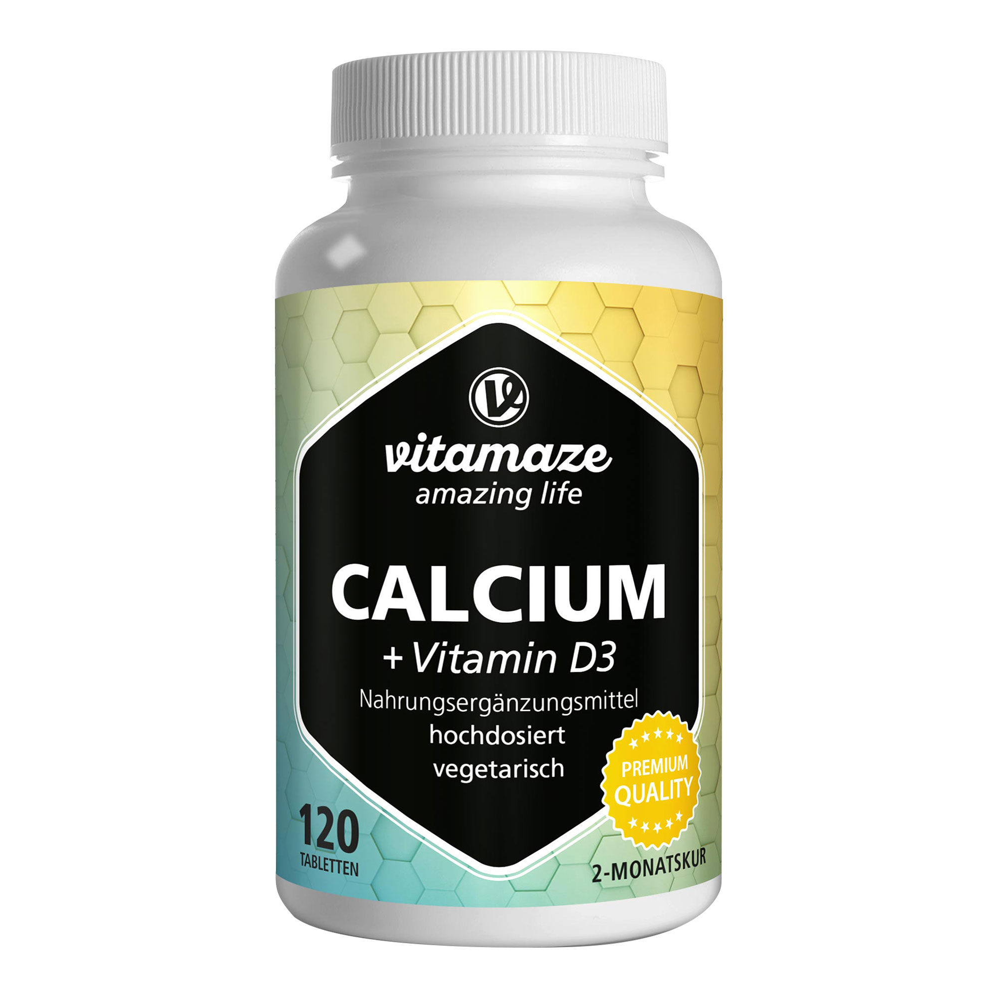 Nahrungsergänzungsmittel mit Calcium und Vitamin D3. Zur Erhaltung normaler Knochen und Zähne.