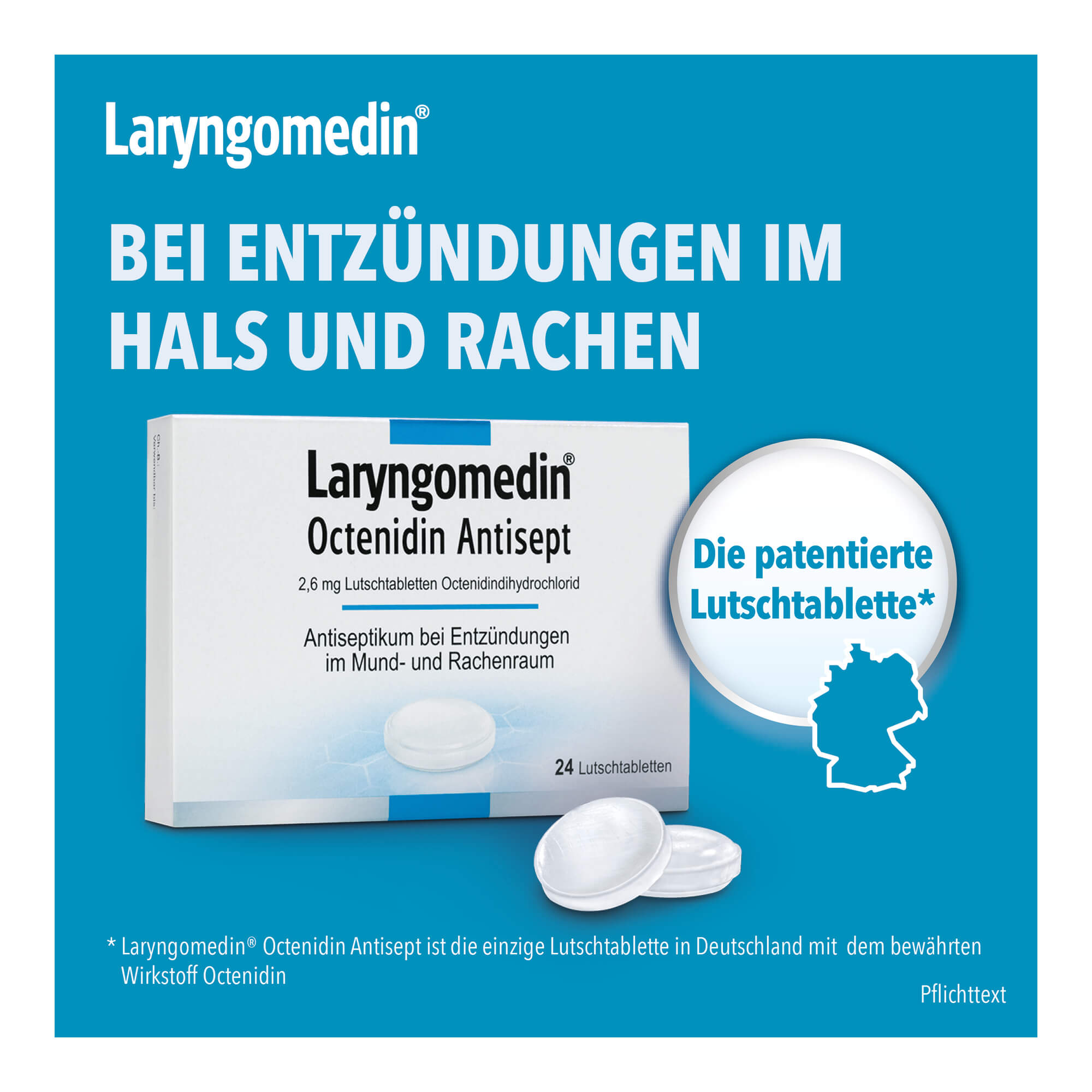 Grafik Laryngomedin Octenidin Antisept 2,6 mg Lutschtabletten Patentierte Lutschtablette bei Entzündungen im Hals und Rachen