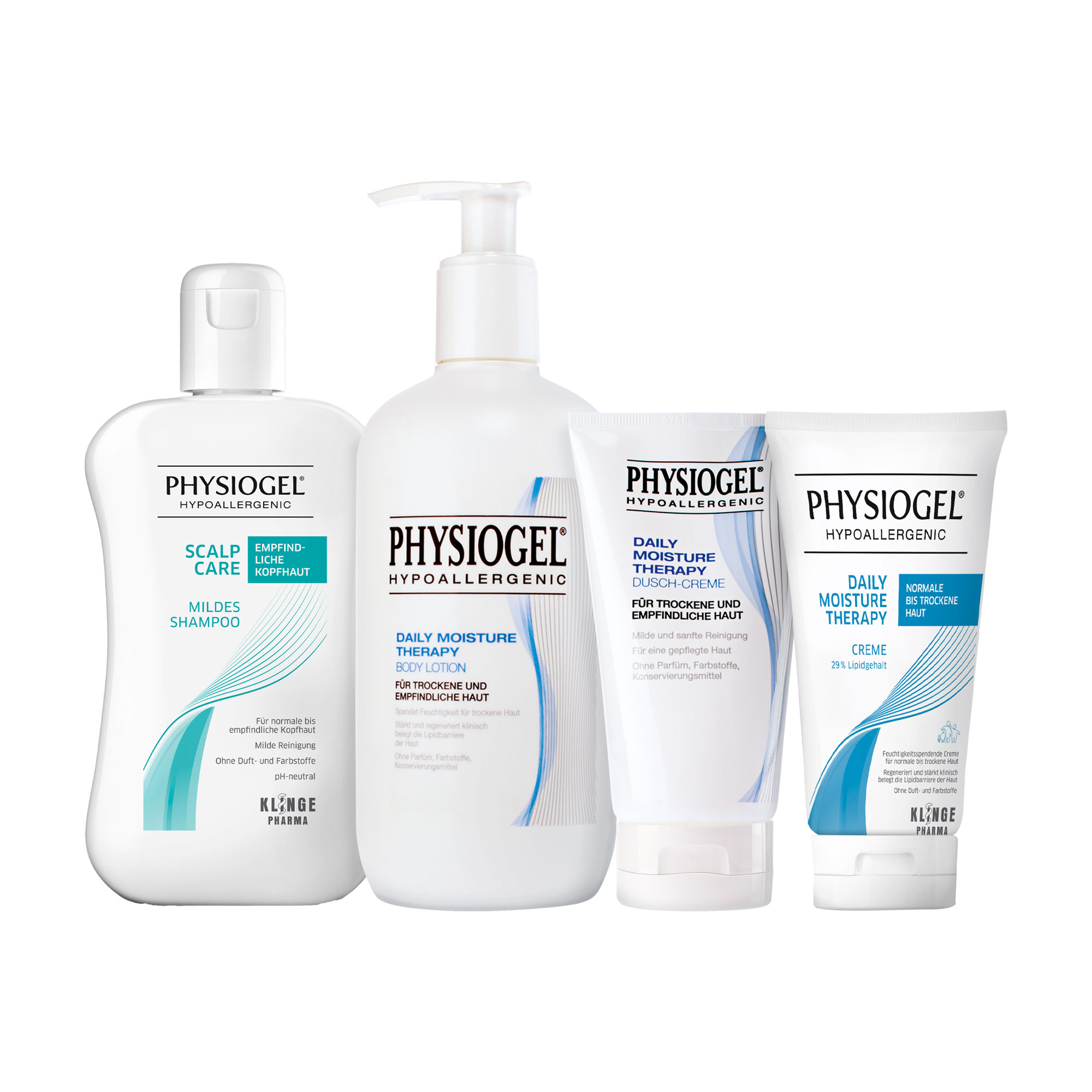 Dieses Set besteht aus Physiogel Scalp Care Mildes Shampoo,  Physiogel Daily Moisture Therapy Body Lotion, Physiogel Daily Moisture Therapy Dusch Creme, und  Physiogel Daily Moisture Therapy Creme.