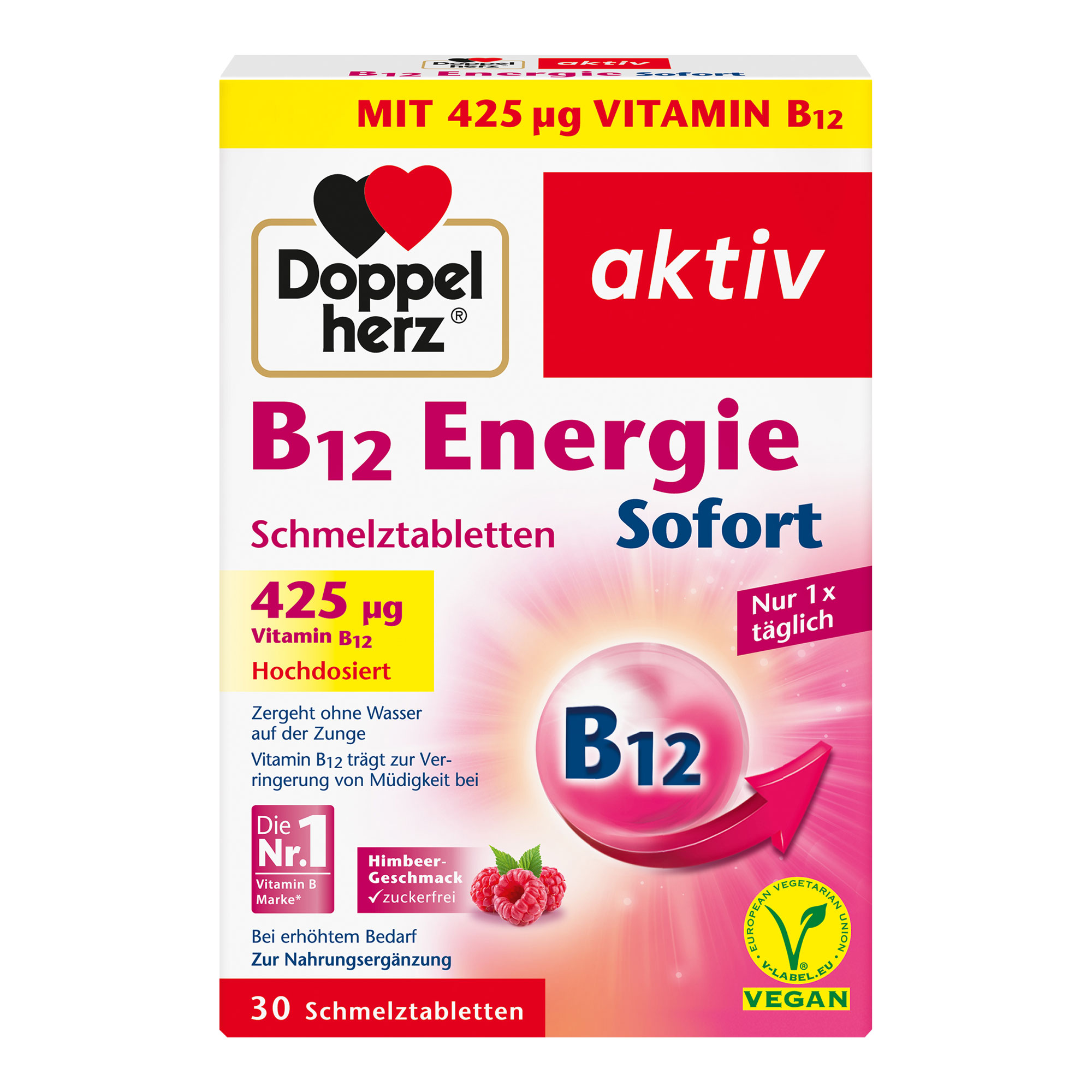 Nahrungsergänzungsmittel mit Vitamin B12. Mit Himbeer-Geschmack.