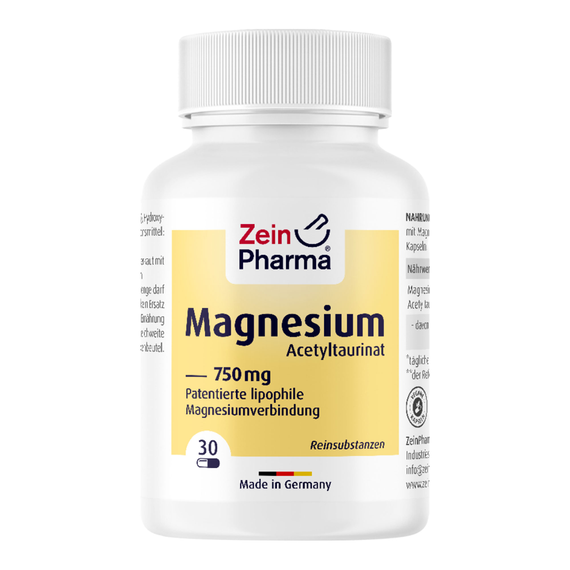 Nahrungsergänzungsmittel mit Magnesium Acetyltaurinat in veganen Kapseln.