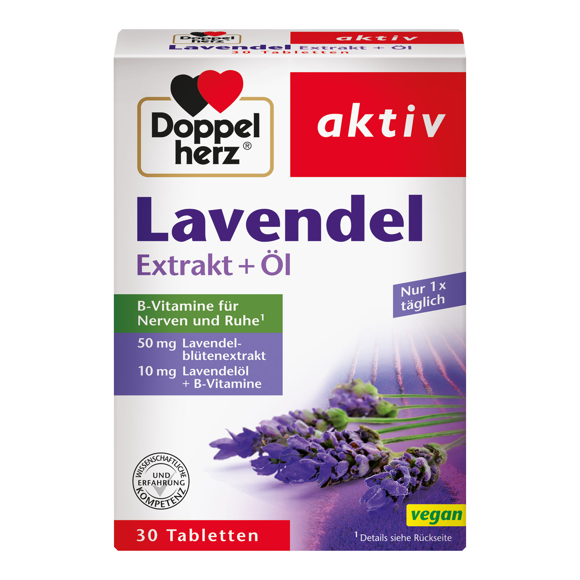 Nahrungsergänzungsmittel mit Lavendelblütenextrakt, Lavendelöl und B-Vitaminen.