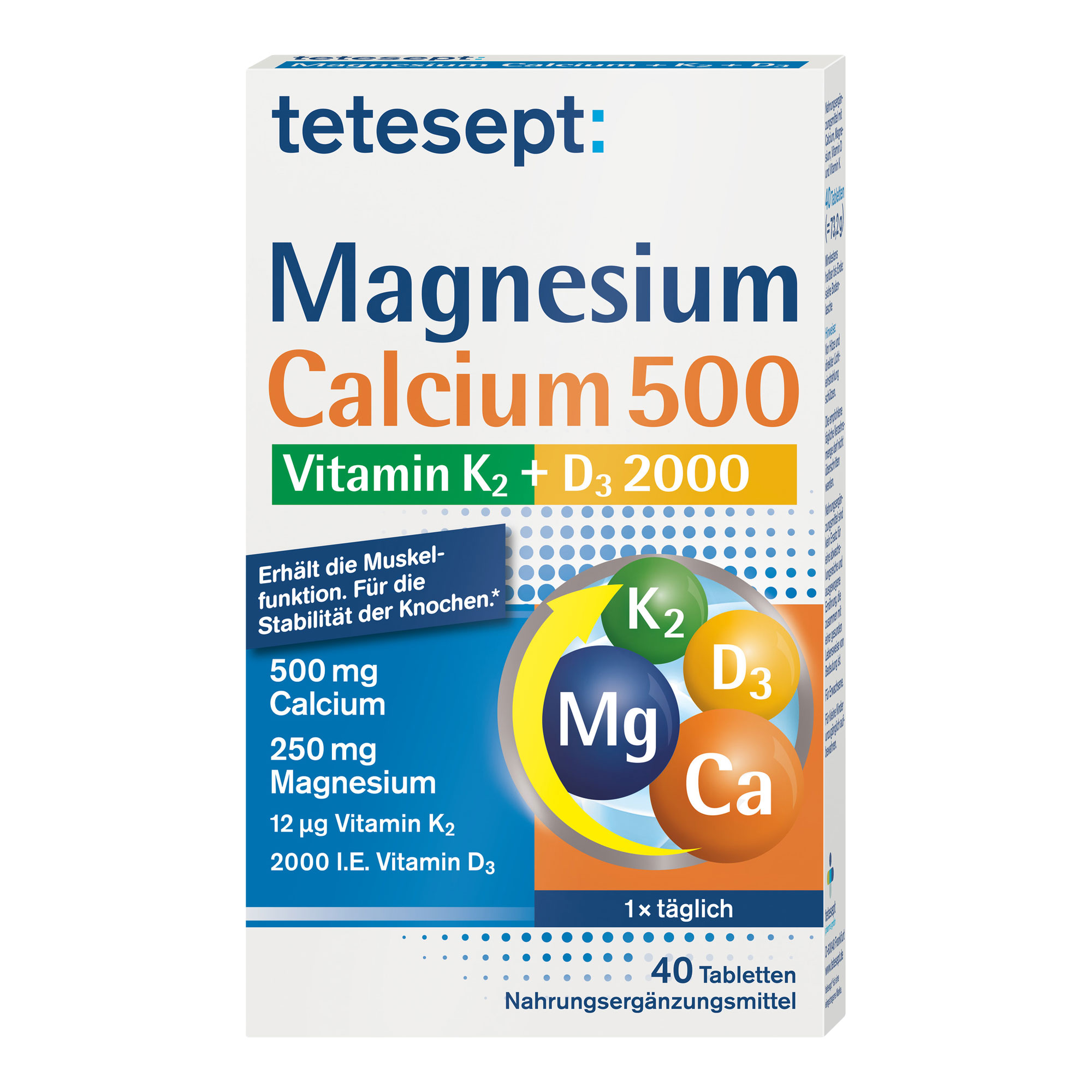 Nahrungsergänzungsmittel mit Calcium, Magnesium, Vitamin D und Vitamin K.