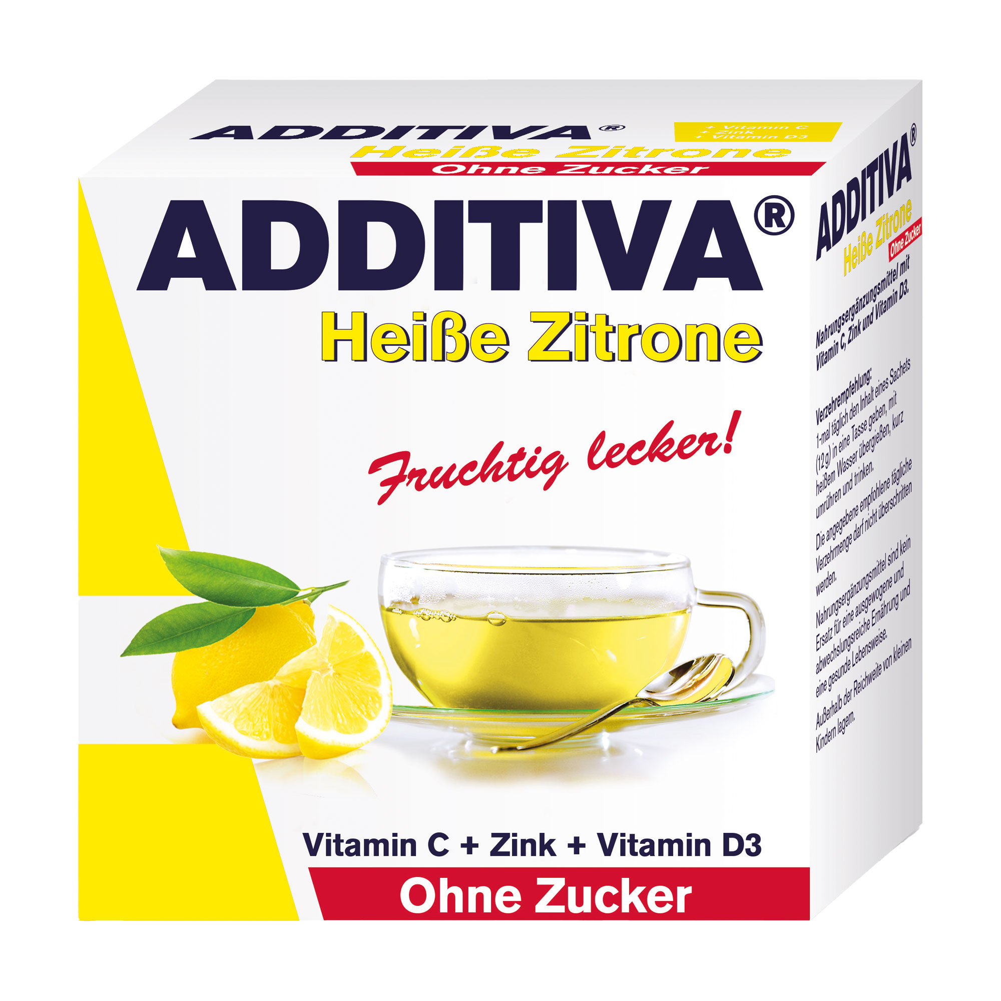 Nahrungsergänzungsmittel mit Vitamin C, Zink und Vitamin D3. Aromatisiert mit Zitronengeschmack.