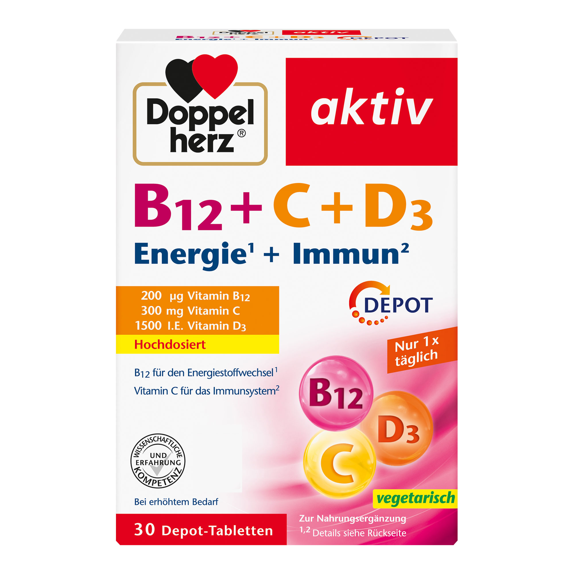 Nahrungsergänzungsmittel mit Vitamin B12, C und D.