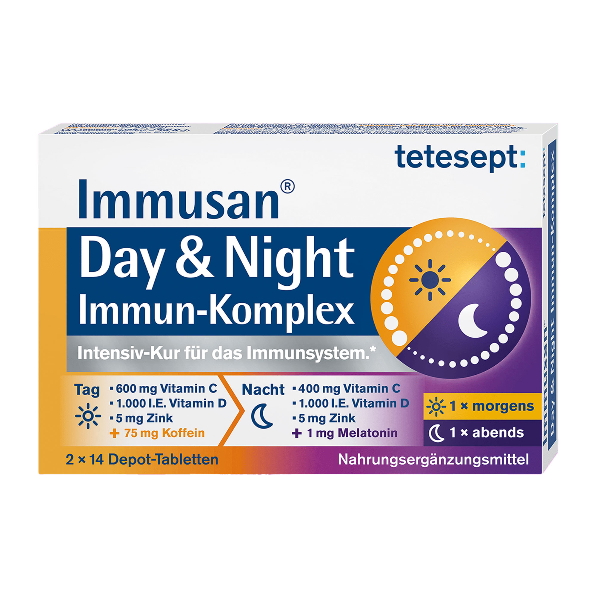 Nahrungsergänzungsmittel mit Vitamin C, D, Zink und Selen. Tag- und Nacht-Depot-Tabletten zur Unterstützung des Immunsystems.