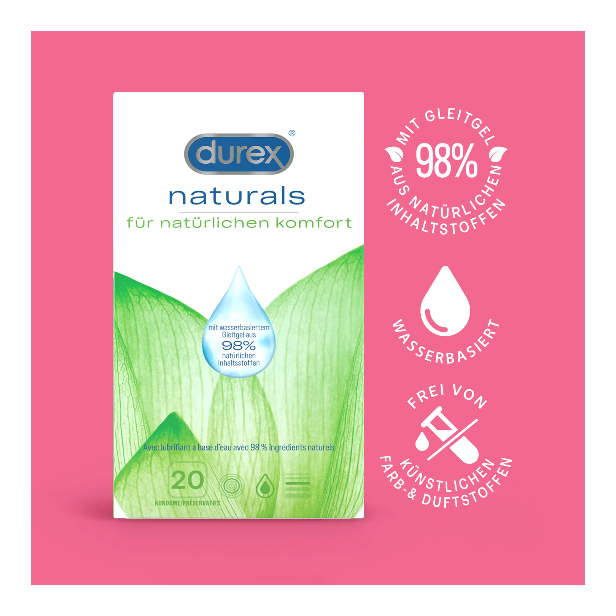 Durex naturals Kondome mit Gleitgel wasserbasiert Merkmale