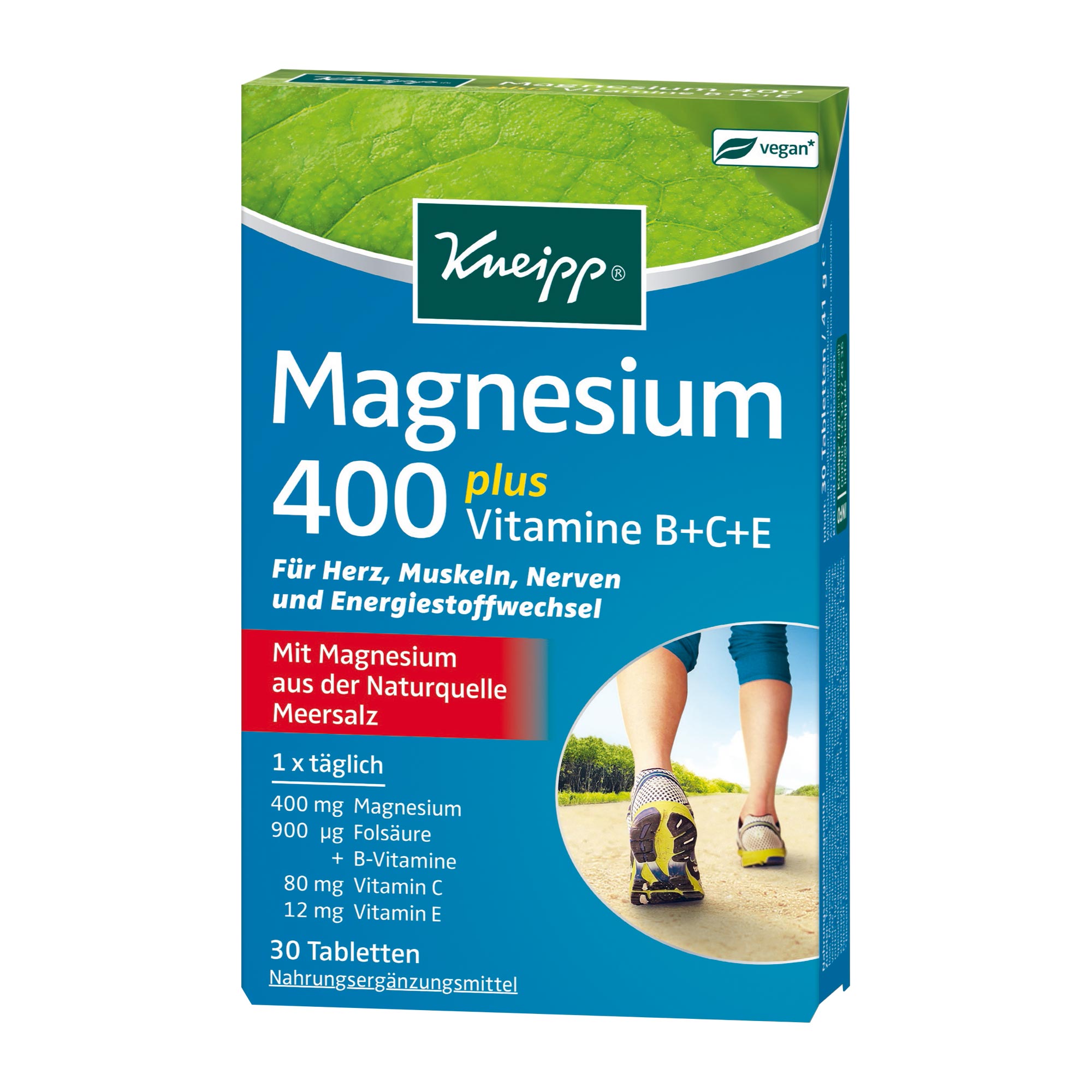 Nahrungsergänzungsmittel mit Magnesium, Folsäure, B-Vitaminen, Vitamin C und E.