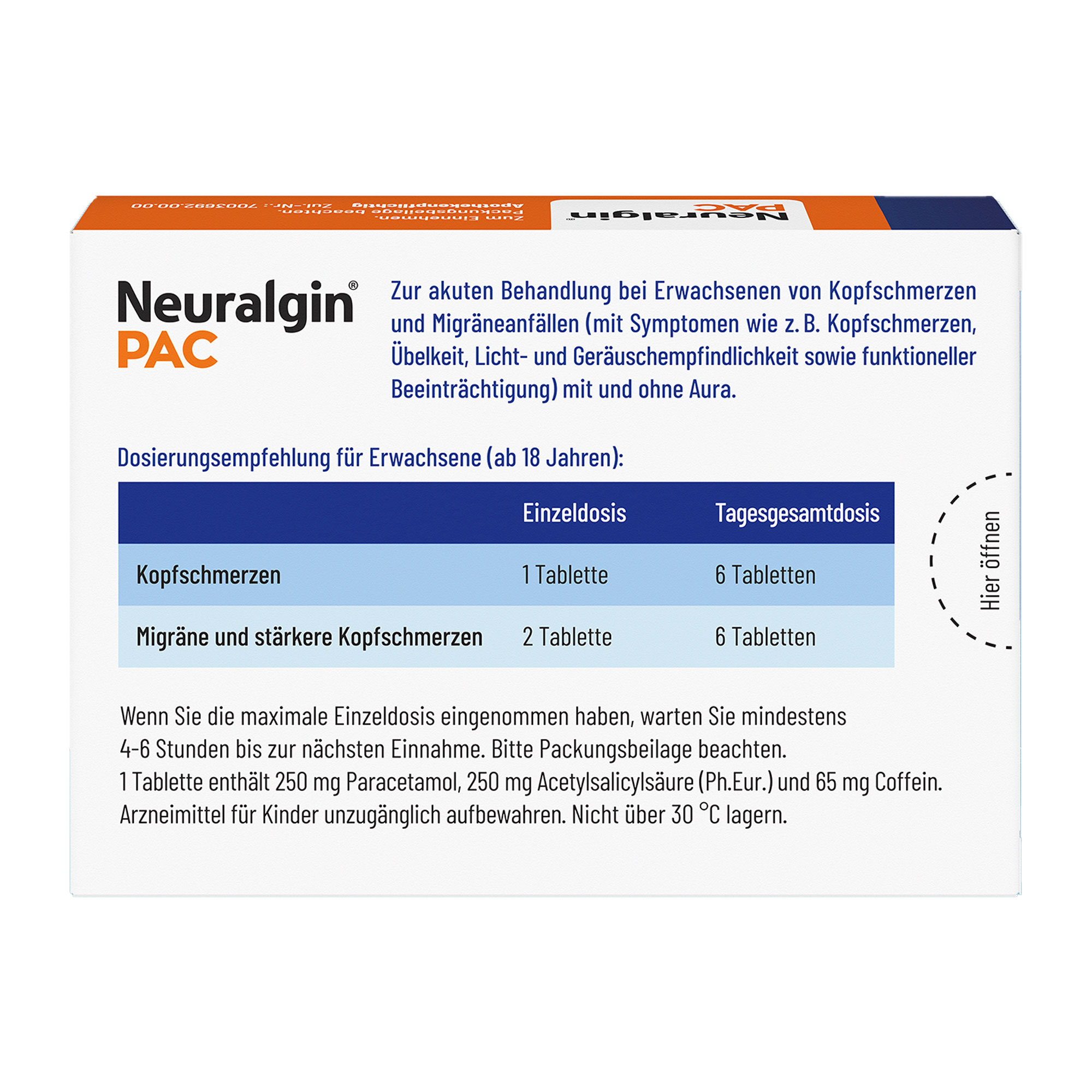Rückseite Neuralgin PAC Tabletten bei Kopfschmerzen Migräne