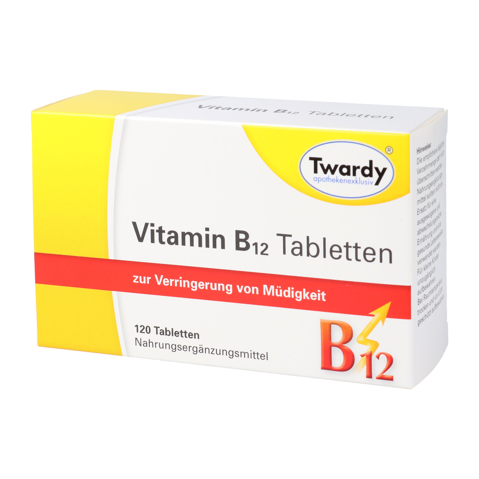 Nahrungsergänzungsmittel mit Vitamin B12. Zur Verringerung von Müdigkeit.