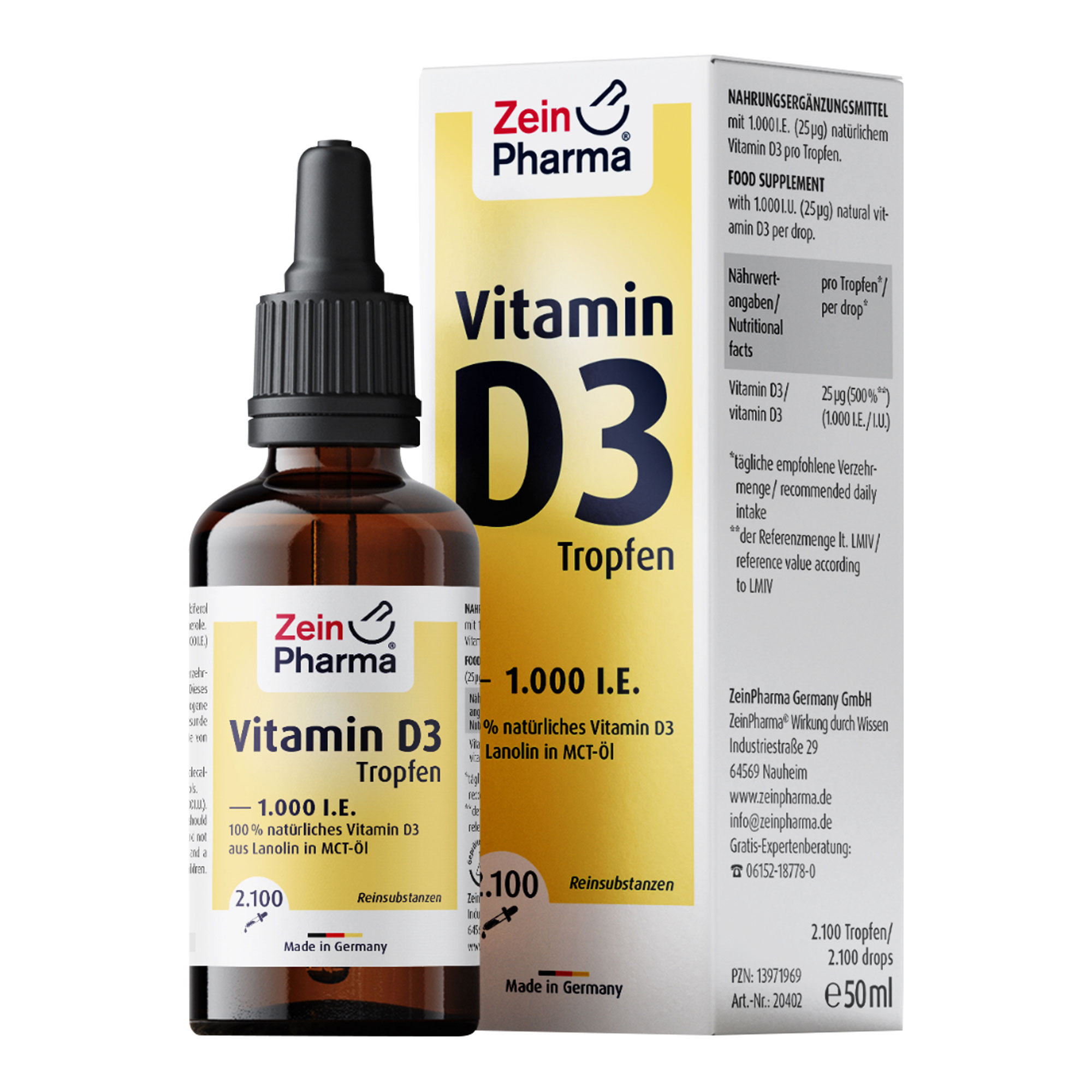 Nahrungsergänzungsmittel mit 1.000 I.E. (25 μg) natürlichem Cholecalciferol (Vitamin D3) pro Tropfen.